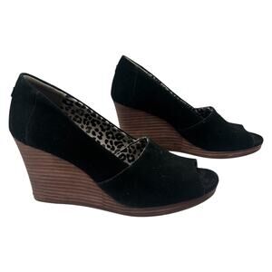 Toms Michelle Suede Peep Toe Wedge Shoes Sandals Black Size 8.5